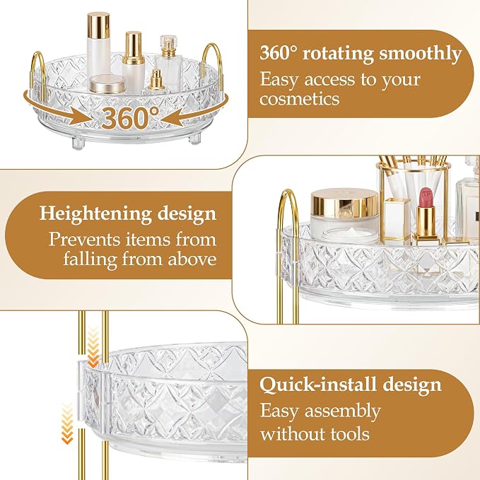 360 Rotating Makeup Organizer for Vanity, 2 Tier Adjustable Perfume Organizer for Dresser, Multi-Function Spinning Cosmetics Skincare Storage for Bedroom, Dresser, Countertop, Clear