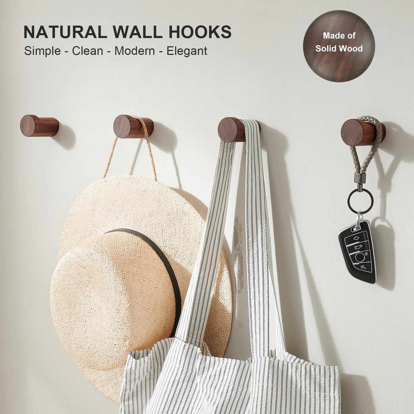 WOVRAN Wood Wall Hooks for Hanging, 6 Pack Rustic Coat Hooks Wall Mount, Handmade Wooden Pegs Hat Hook, Entryway Walls Hanger for Coat Purse, Boho Bathroom Towel Rack (Walnut Wood)