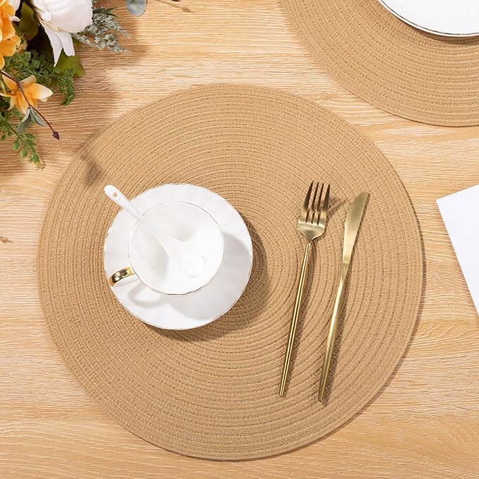 SHACOS 15 inch Round Braided Placemats Set of 6 Cotton Polyester Heat Resistant Round Table Mats Washable Place Mats for Dinner Party Table Decoration (Camel, 6)