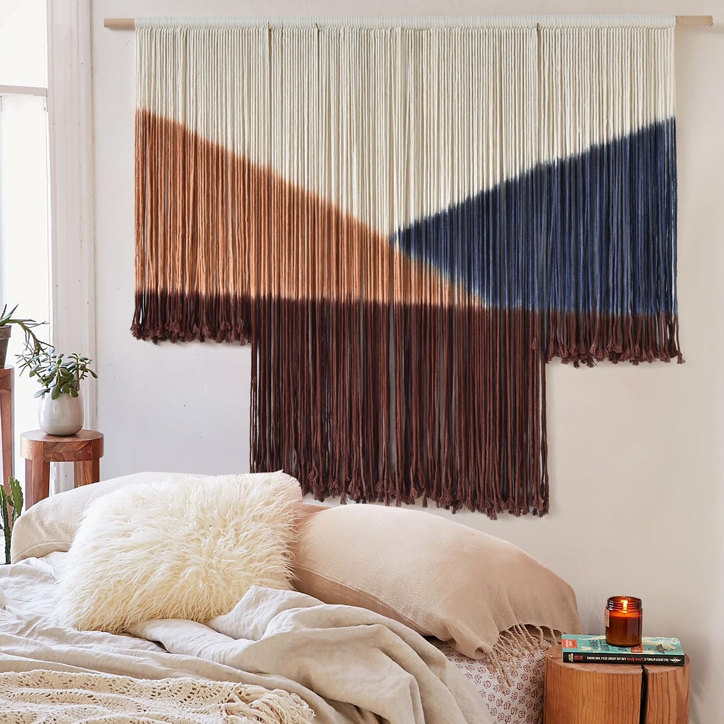 Jakalin Macrame Wall Hanging Geometric Boho Tapestry Dip Dyed With Modern Shapes, 57" W x 39" L Macrame Wall Art for Living Room or Bedroom Decor