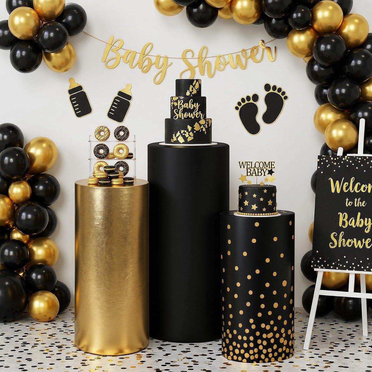 Tigeen 3 Pcs Cylinder Pedestal Stand Covers for Party Cylinder Pedestal Covers Decoration Elastic Pillars Plinth Display Cover for Birthday Wedding Baby Shower Table Decor(Classic,Gold and Black)