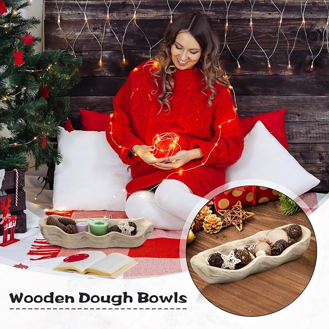Nuogo 1 Pack 16 Inch Wavy Live Edge Dough Bowl Large Size Wood Rustic Dough Bowl Decorative for DIY Farmhouse Home Supplies Kitchen Decoration(Light Color)