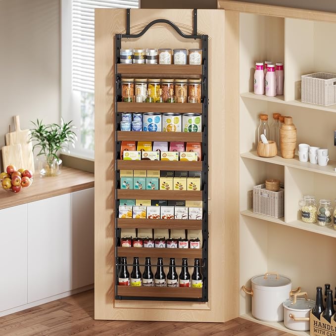 8-Tier Pantry Door Organizer, Over the Door Pantry Organizer with Wooden Adjustable Baskets, 2 IN 1 Spice Rack Wall Mount or Door Organizer, Door Spice Rack for Pantry（72.6×17.1×5.1in,Black)