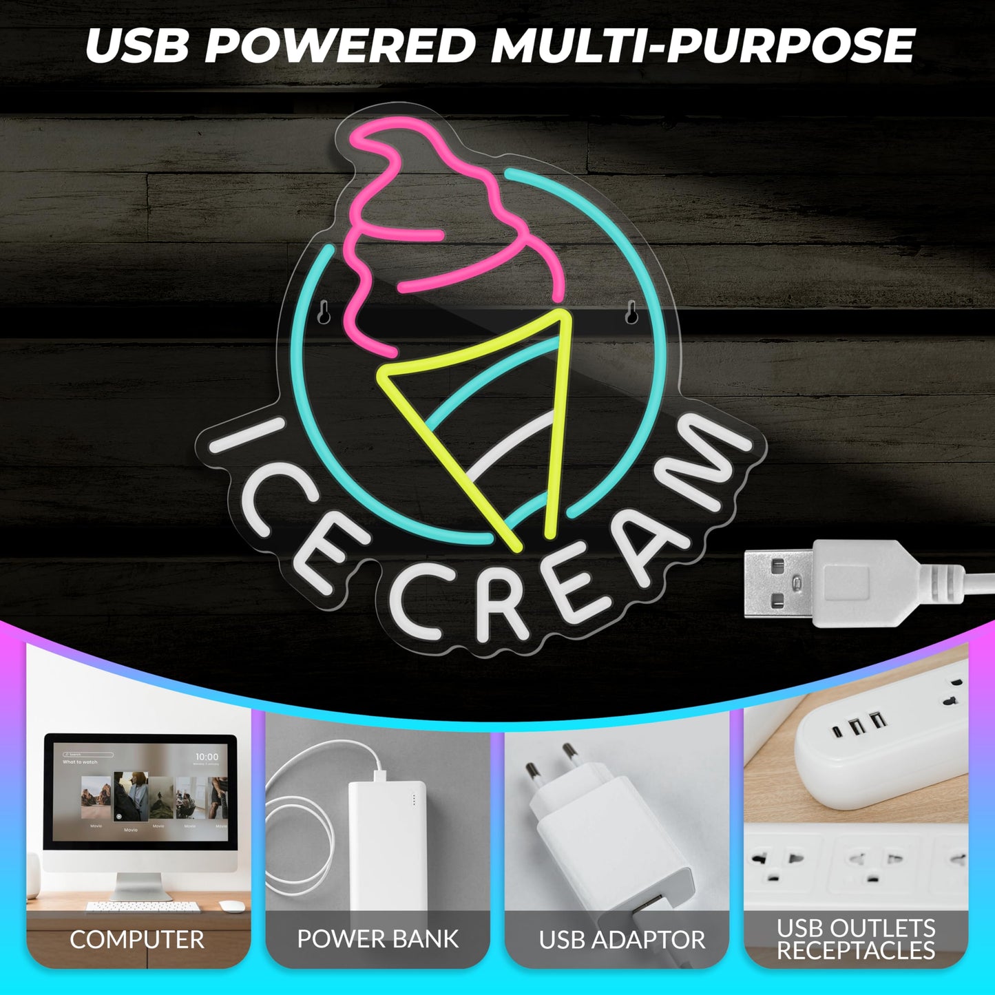 Ice Cream Neon Sign for Wall Decor Dimmable Led Neon Sign for Ice cream Shop Birthday Christmas Party Bedroom Bar Drink Shop Wall Decoration USB Powered