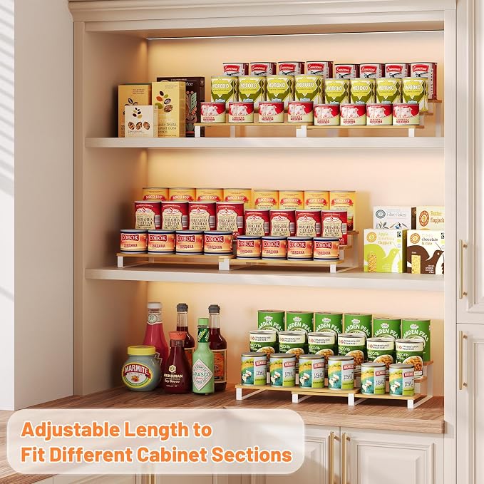 Expandable Can Organizer for Pantry, 3-Tier Adjustable Bamboo & Iron Can Rack for Cabinets, Easy Access Food Storage Shelf for Canned Goods, Soda & Soup Cans, Holds Up to 30 Cans, White