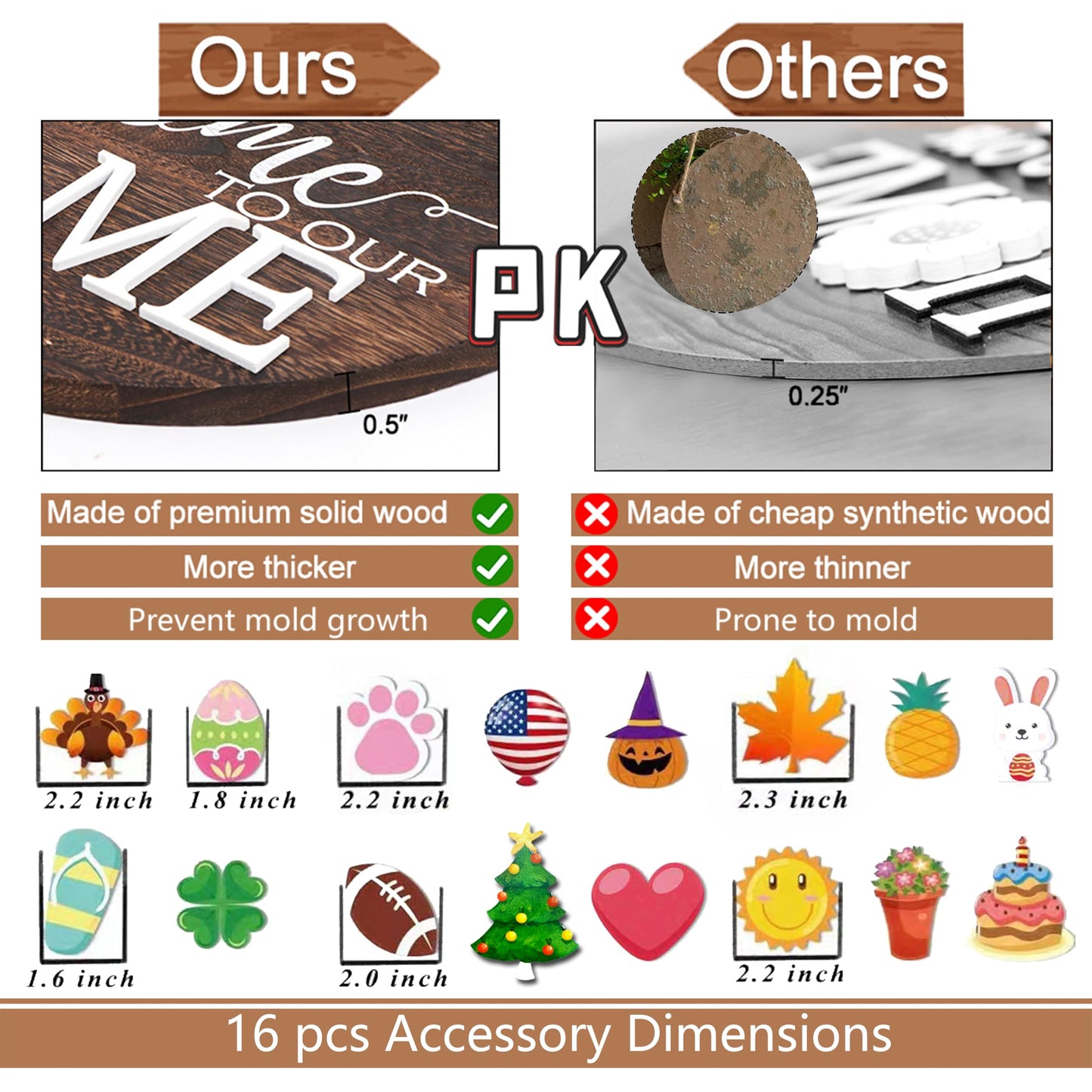 Yonuni Interchangeable Welcome to Our Home Sign, Equipped with 16 Replaceable Icons, Farmhouse Front Door Signs Wooden Wreath Suitable for All Seasons Holiday Halloween Christmas (12x12 Inch)