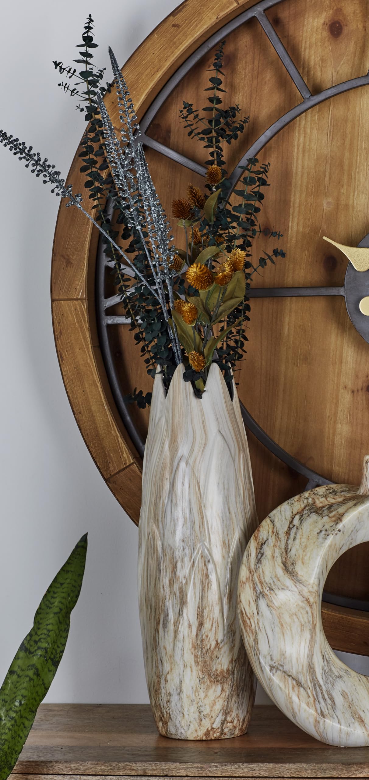 Deco 79 Ceramic Decorative Vase Marbled Centerpiece Vase with Angled Edge Opening and Rust Accents, Flower Vase for Home Decoration 7" x 7" x 21", Beige