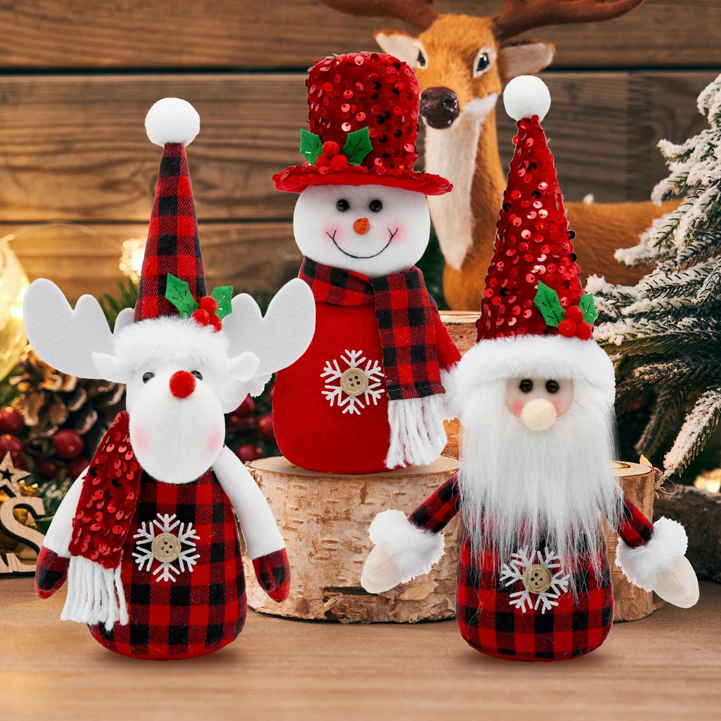 KnomeKo Red Buffalo Plaid Christmas Decorations Indoor- 3 Pcs Red Christmas Snowman & Santa & Reindeer Plush Tabletop Tiered Tray Decor Winter Gifts
