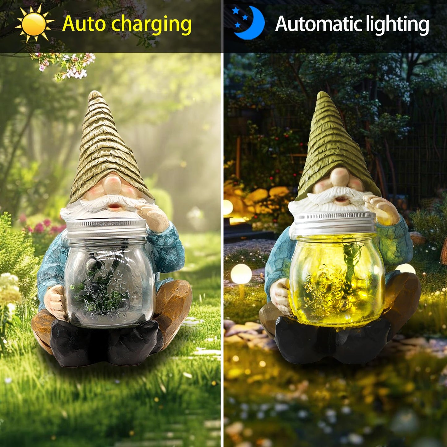 Vcdsoy Solar Firefly Jar Gnome Waterproof, Mothers Day, Birthday Housewarming for Women Mom Grandma, Large Garden Gnome Funny Solar Outdoor LED Lights Resin Statues Lantern Figurines Decorations