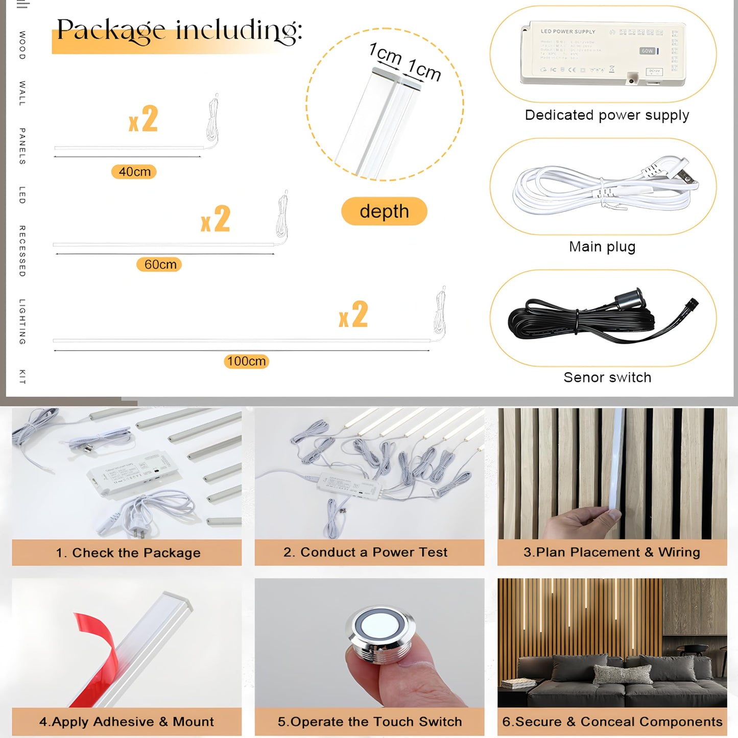 6-Lights LED Recessed Lighting Wall Panel Lights,Self-Adhesive Wood Slat Wall Panel Strip Light,4000K Touchable Switch Dimmable LED Aluminum Channel lamp,Under Cabinet Light(39in+31.5in+23.6in)