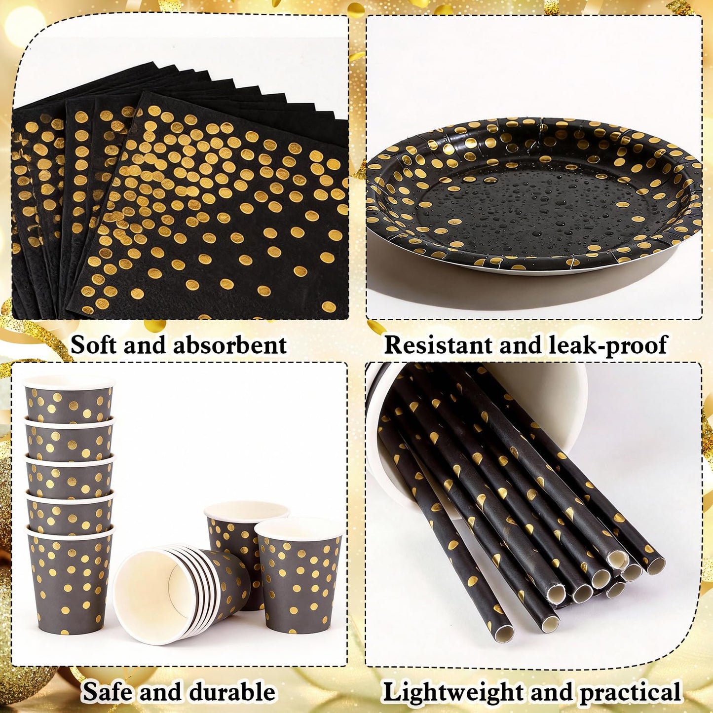 PHOGARY 61 Pcs Black Gold Disposable Tableware Set, Paper Plates and Napkins Party Supplies Dinnerware Golden Dot Black Plates Cups Straws Napkins Plastic Tablecloths for Birthday Party Decorations