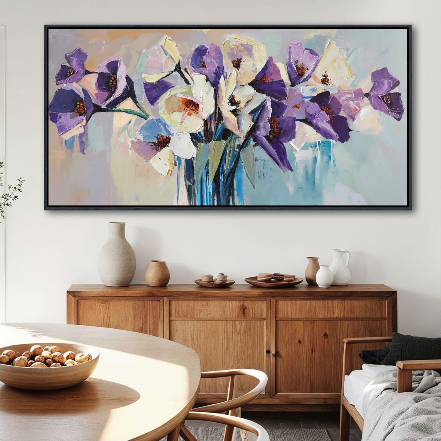 yiijeah Purple Flower Wall Decoration - 58x29 Inches Purple and White Bouquet Florid Picture Artwork Wall Decor for Bedroom Living Room Office Home Decoration