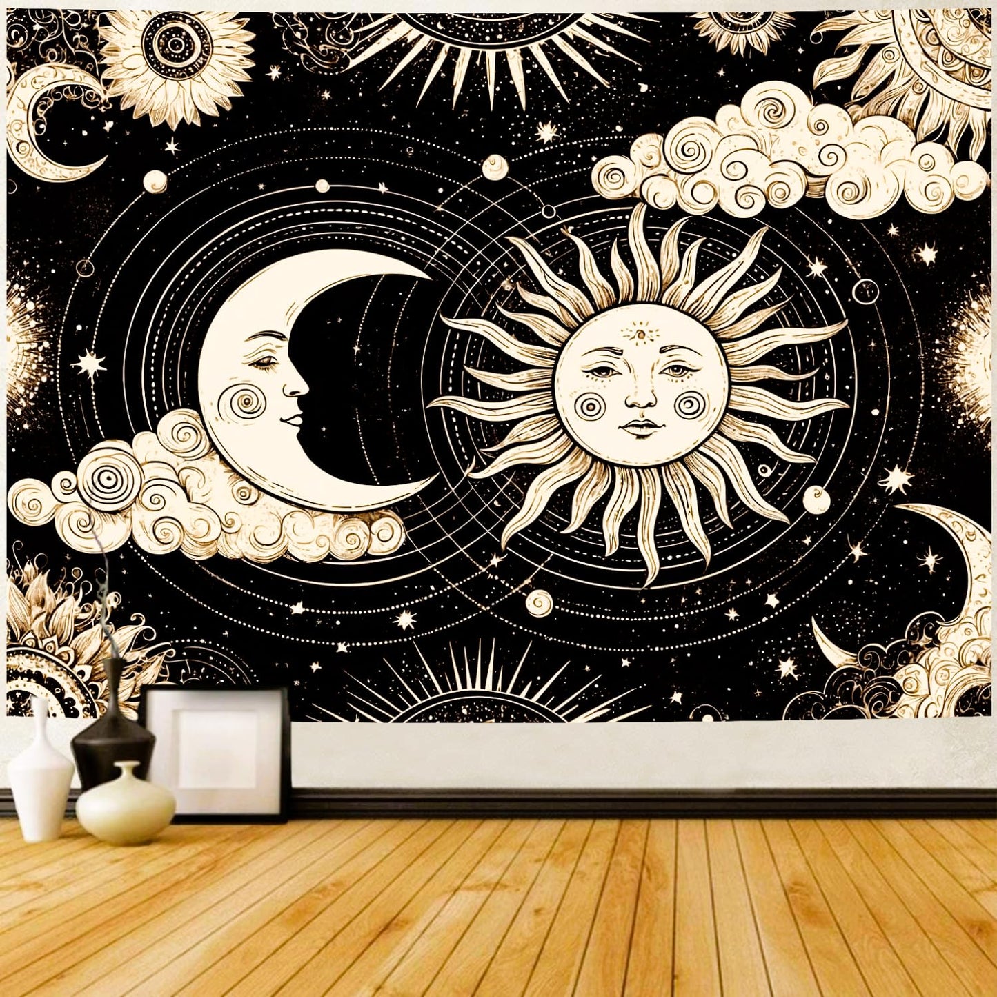 Delur Sun and Moon Tapestry Black Dark Boho Spiritual Burning Sun Tapestry Wall Hanging Mystic Aesthetic Cloud Abstract Star Psychedelic Headboard for Bedroom Living Room Home Decor (51.2" x 59.1")