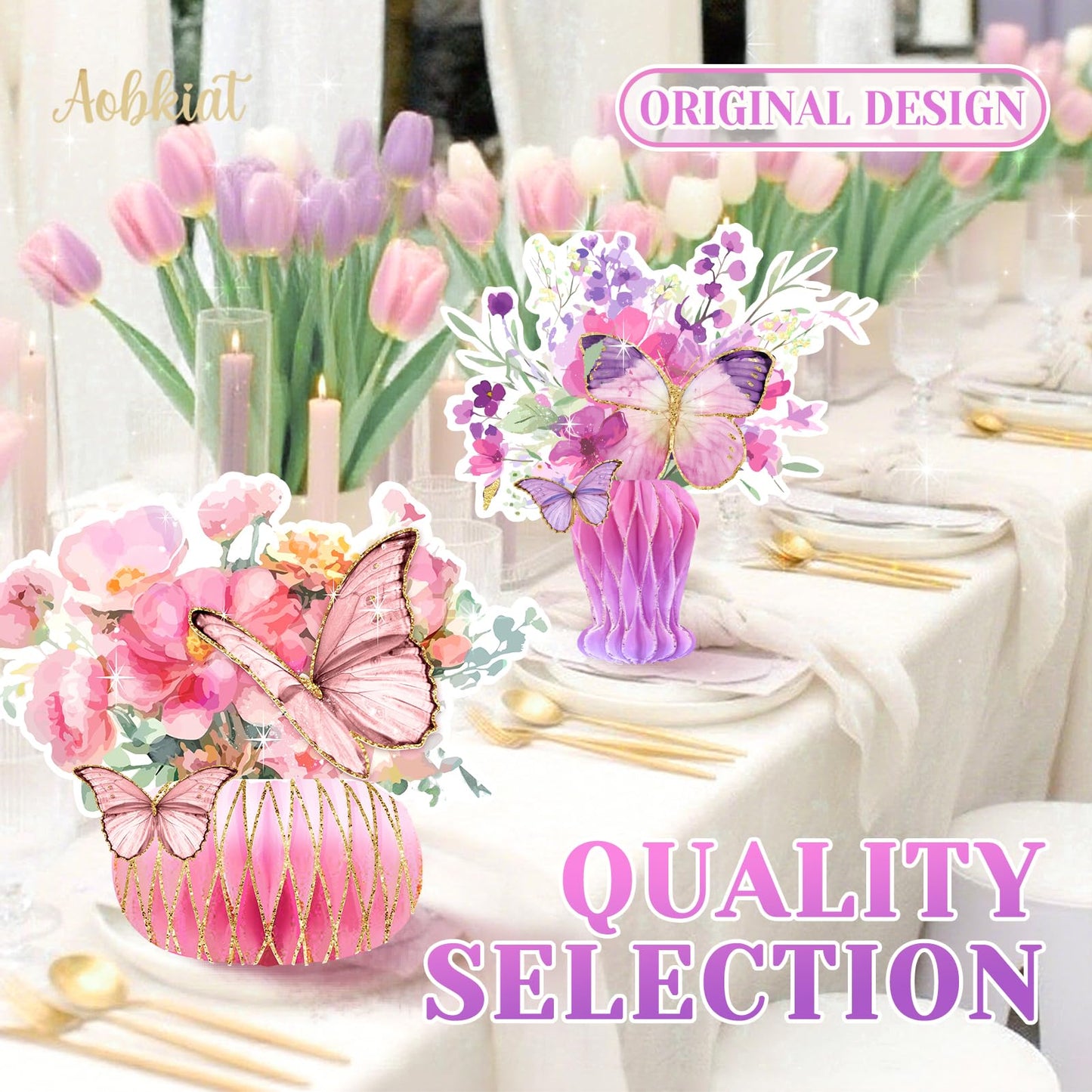 AOBKIAT Women Birthday Decorations Party Centerpieces,Large Size Table Centerpieces with Glitter Edge,Pink Purple Cardboard Honeycomb Base for Mother Day,Baby/Bridal Shower,Wedding,Gradient Vase