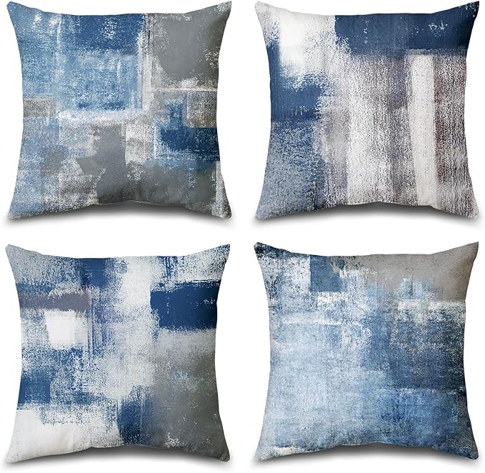 Set of 4 Blue and Grey Abstract Art Artwork Pillow Cover 16 x 16 Inch, Gallery Modern Decorative Throw Pillows Cushion Cover for Bedroom Sofa Living Room