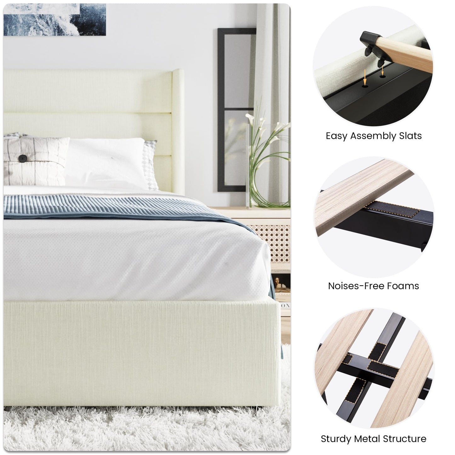 SHA CERLIN Queen Size Lift Up Storage Bed/Chenille Fabric Upholstered/Modern Wingback Headboard/Platform Bed Frame/Hydraulic Storage/No Box Spring Needed/Wood Slats Support/Cream