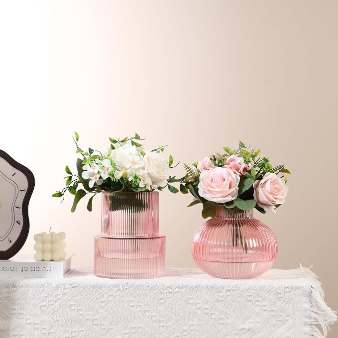 Ribbed Glass Vases, Set of 2 Fluted Vases for Flowers, Pink Glass Vase for Tulips, Modern Vase for Living Room, Kitchen, Office, Entryway, Mantle, Bookshelf, Wedding Gifts, Birthday