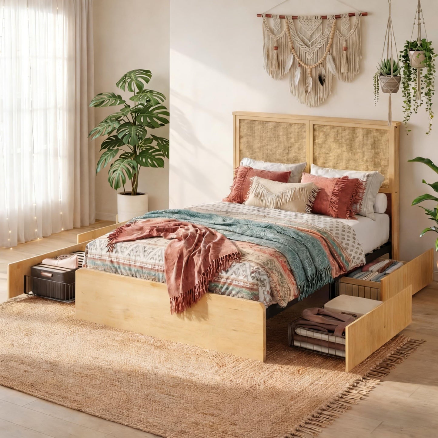 IDEALHOUSE Rattan Full Bed Frame with 4 Storage Drawer, LED Lights & Natural Rattan Headboard, Wood Full Size Bed Frame with Sturdy Wood Foundation, No Box Spring Needed, Natural