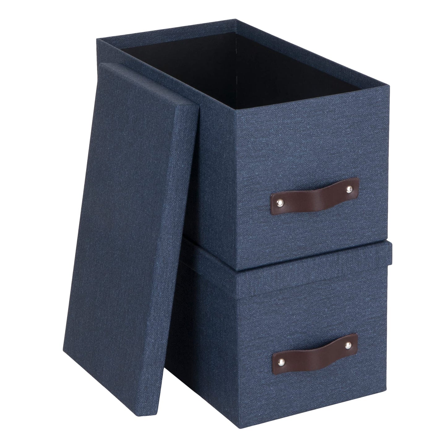Bigso Silvia Organizational Storage Box with Leather Handle for Shelves and Stacks Easily - Durable and Decorative Storage Boxes with Lids - 5.9 in x 6.5 in x 11.6 in - 2 Pack - Blue