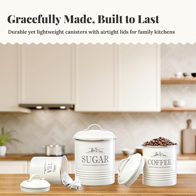 noonberry Kitchen Canisters for Countertop - 3-Piece Airtight Kitchen Canister Set - Sugar Coffee Tea Containers for Kitchen Counter - Cream-White Magnolia Finish