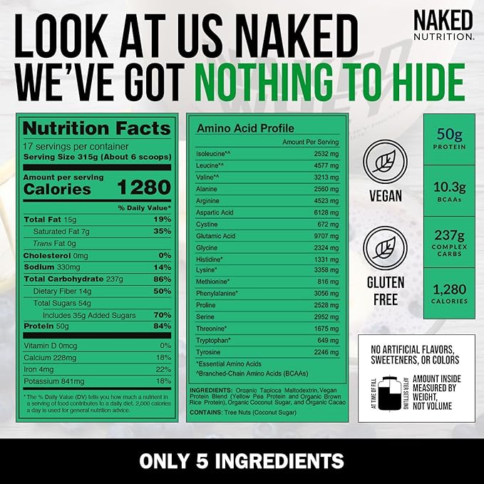 NAKED Vegan Mass - Chocolate Vegan Weight Gainer - 1,280 Calories, Non-GMO, Soy & Gluten Free, No Artificial Ingredients - 12LB Bulk - 17 Servings