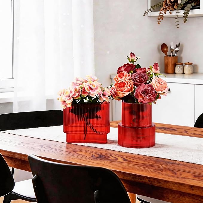 Red Glass Vases, Set of 2 Ribbed Vases for Flowers, Red Vase for Tulips, Modern Glass Vase for Living Room, Dining Table, Office, Entryway, Mantle, Bookshelf, Wedding Gifts