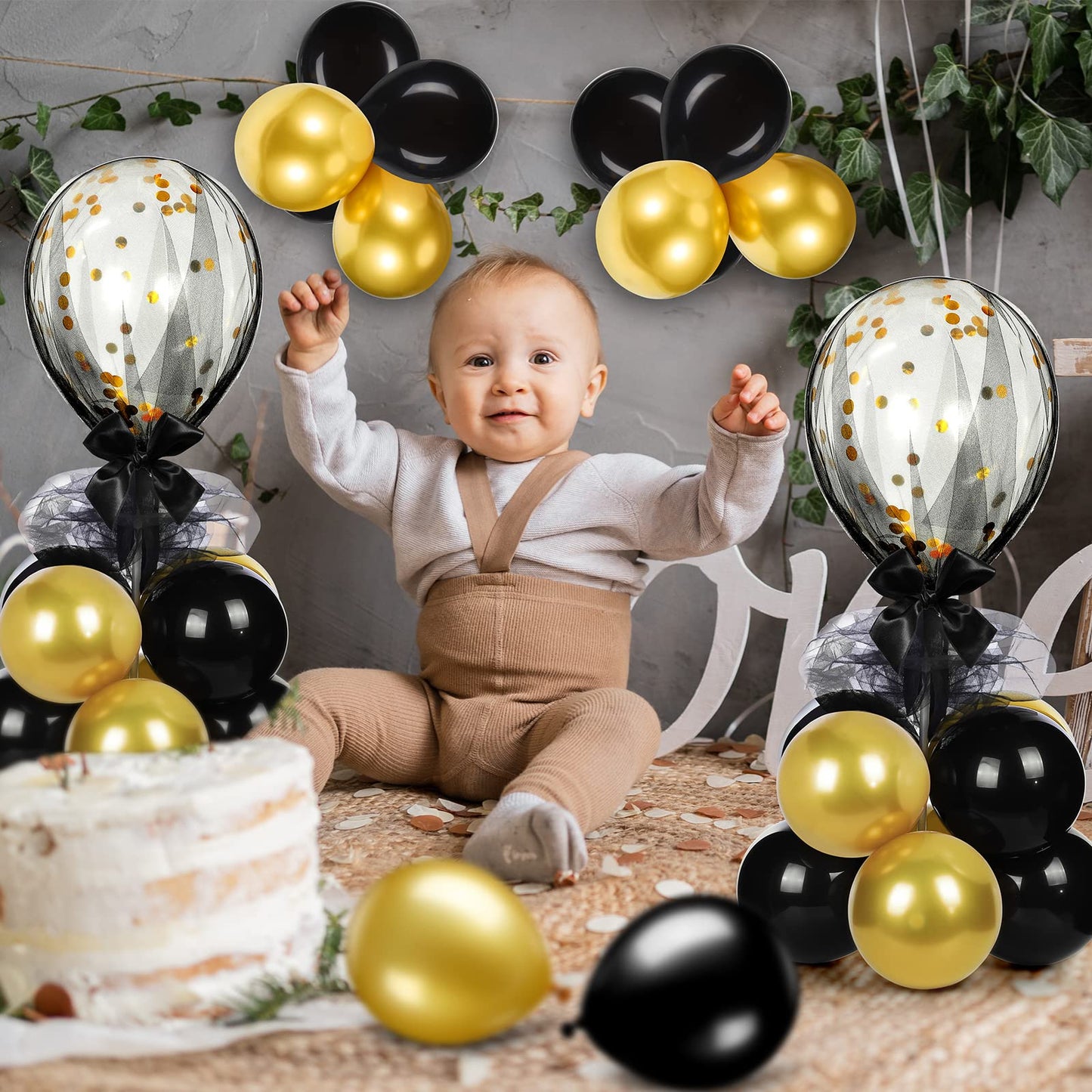 BBTO 8 Set Gold Black Table Centerpieces Balloons Stand Kit, Latex Balloons and Table Stand Holder with Base Tulle for Wedding Birthday Mother's Day Baby Shower Party