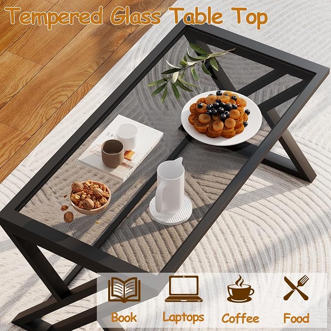 Wolawu Coffee Table Grey Glass Coffee Table for Living Room,Modern Rectangular Center Table with Sturdy Metal Frame,Tempered Glass Tables for Bedroom Home Office