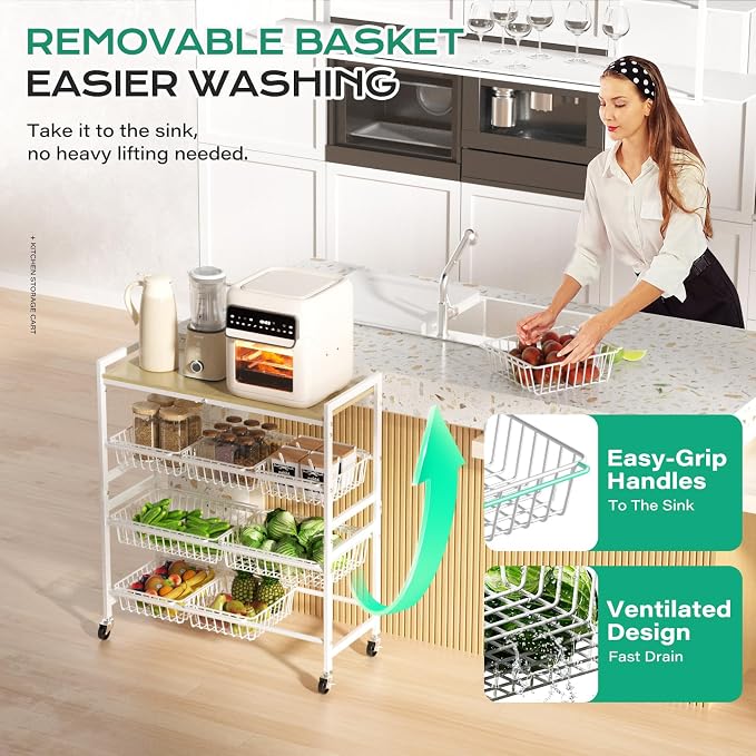 Cinati 4-Tier Utility Kitchen Cart with Wood Top, 29" W Kitchen Storage Cart with 8 Baskets & Handle, Metal Snack Cart with Wheels, Adjustable Pantry Organizer and Storage Cart for Fruit, Vegetables