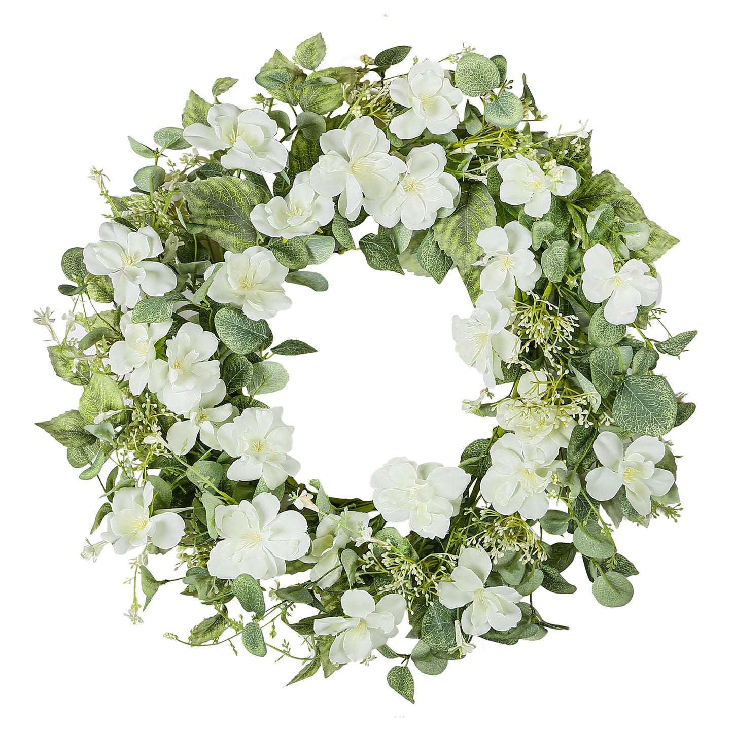 YNYLCHMX 18" Spring Summer Wreaths for Front Door, Artificial Floral Wreath with White Rose Flowers Green Eucalyptus Leaves, Green Foliage Wreath for Wall Window Farmhouse Party Holiday Home Decor