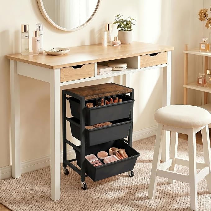 Rolling Cart with 3 Drawers, Plastic Drawer Storage Carts with Lockable Wheels & Wooden Tabletop, Metal Art Craft Utility Cart Organizer for Home Office Bedroom Dorm Bedside Classroom, Dark Black