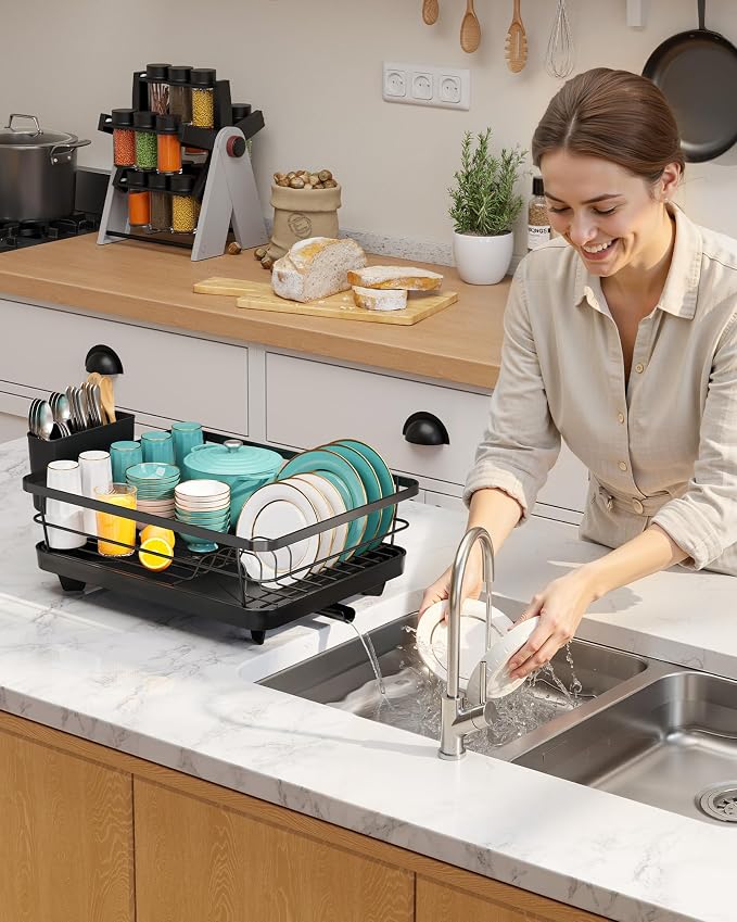 Sakugi Dish Drying Rack - Stainless Steel Dish Rack with Drainboard for Kitchen Counter and Sink, 15.6" D x 12" W x 5" H, Black