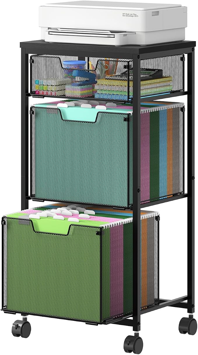 Sbanmao 3 Drawer Mobile File Cabinet for Home Office, Rolling Filing Cabinet on Lockable Wheels, Hanging File Folders Organizer, Utility Cart Storage and Organizer, Printer Stand, Black