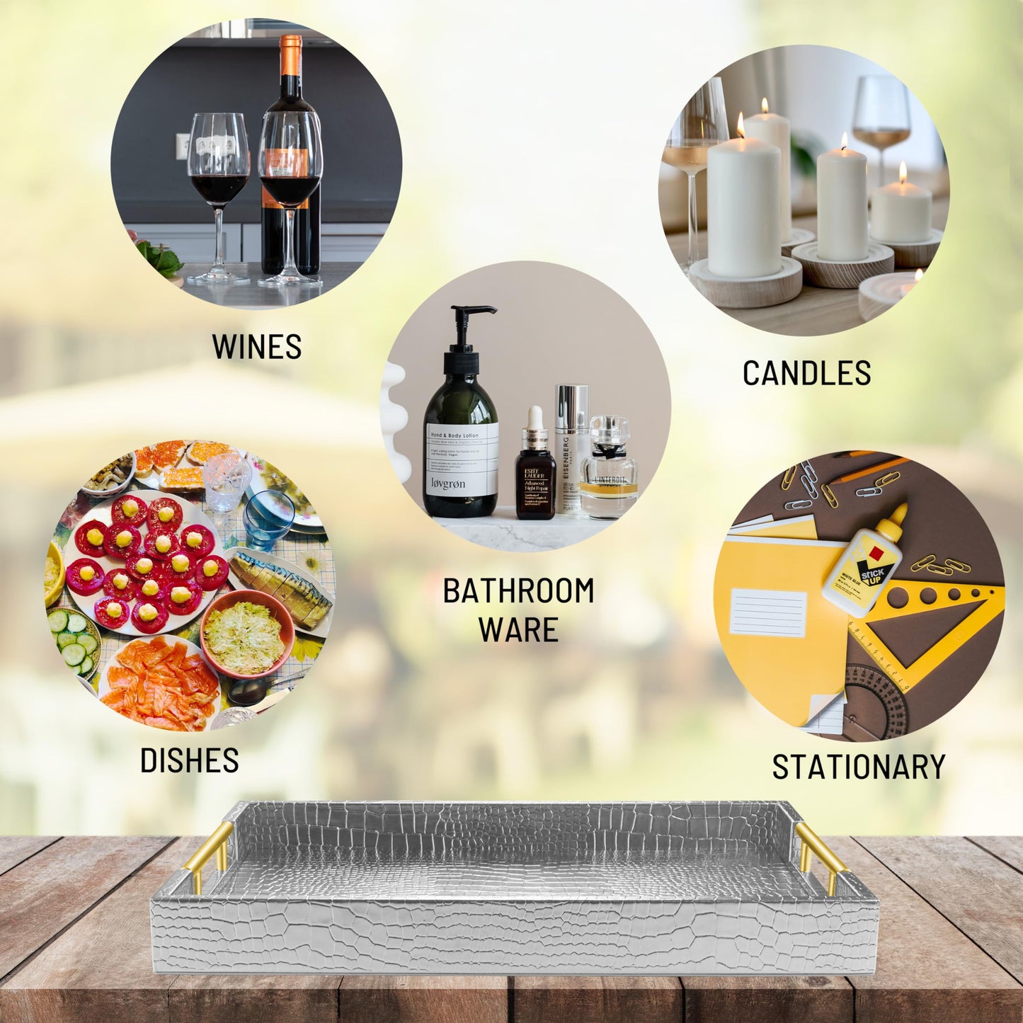ATZYmolin 17" x 12" Wood Serving Tray with Gold Polished Metal Handles, Home Decorative Wooden Rectangle Ottoman Leather Decor Platter Bathroom Vanity Tray for All Occasions Alligator Silvery