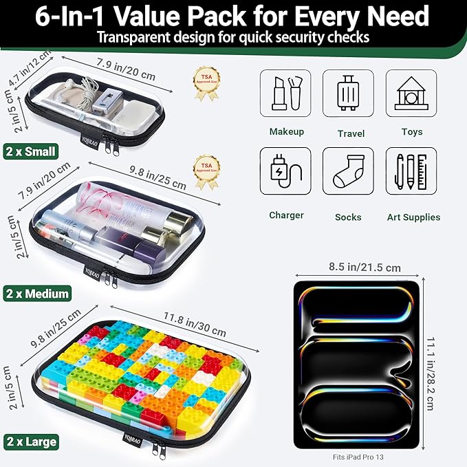 YQBRAO 6 Pack Sleek Black Clear Hard Shell Zipper Case, 1.2mm Heavy Duty Tech & Cosmetic Bags, Crush-Proof Electronic Storage & Makeup Organizer for Travel, Tools & Diaper Bag (2L+2M+2S)