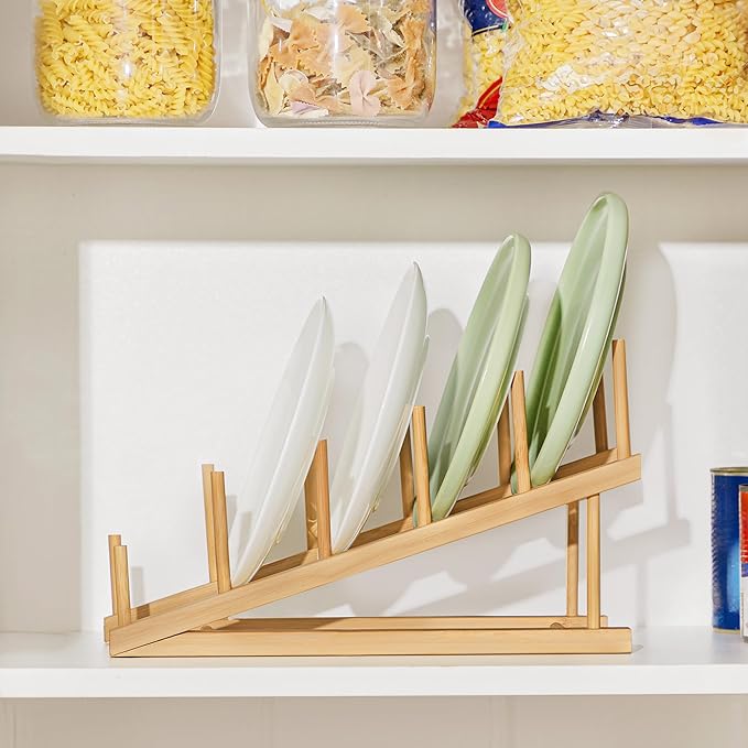 HBlife Bamboo Wooden Dish Drying Rack, 2 PCS Plate/Dish/Book/File/Bowl/Cup/Cutting Board/Pot Lid Organizer for Kitchen Counter, Office, Display Cabinet