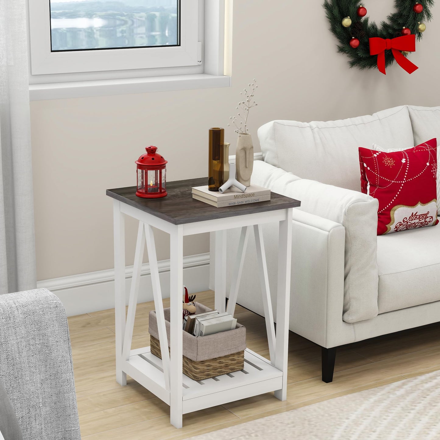 UYIHOME Farmhouse Square End Table, Accent Side Table with Slats Design, Sofa Side Table with Sturdy Frame for Living Room, Dark Grey