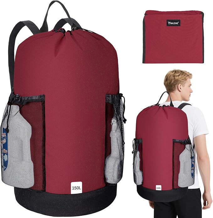 BALEINE 150L Laundry Bag Backpack, 900D Oxford Fabric Large Travel Laundry Bags with Shoulder Straps and 2 Mesh Pockets for College Dorm, Apartment, Laundromat (Red, 150L) ﻿