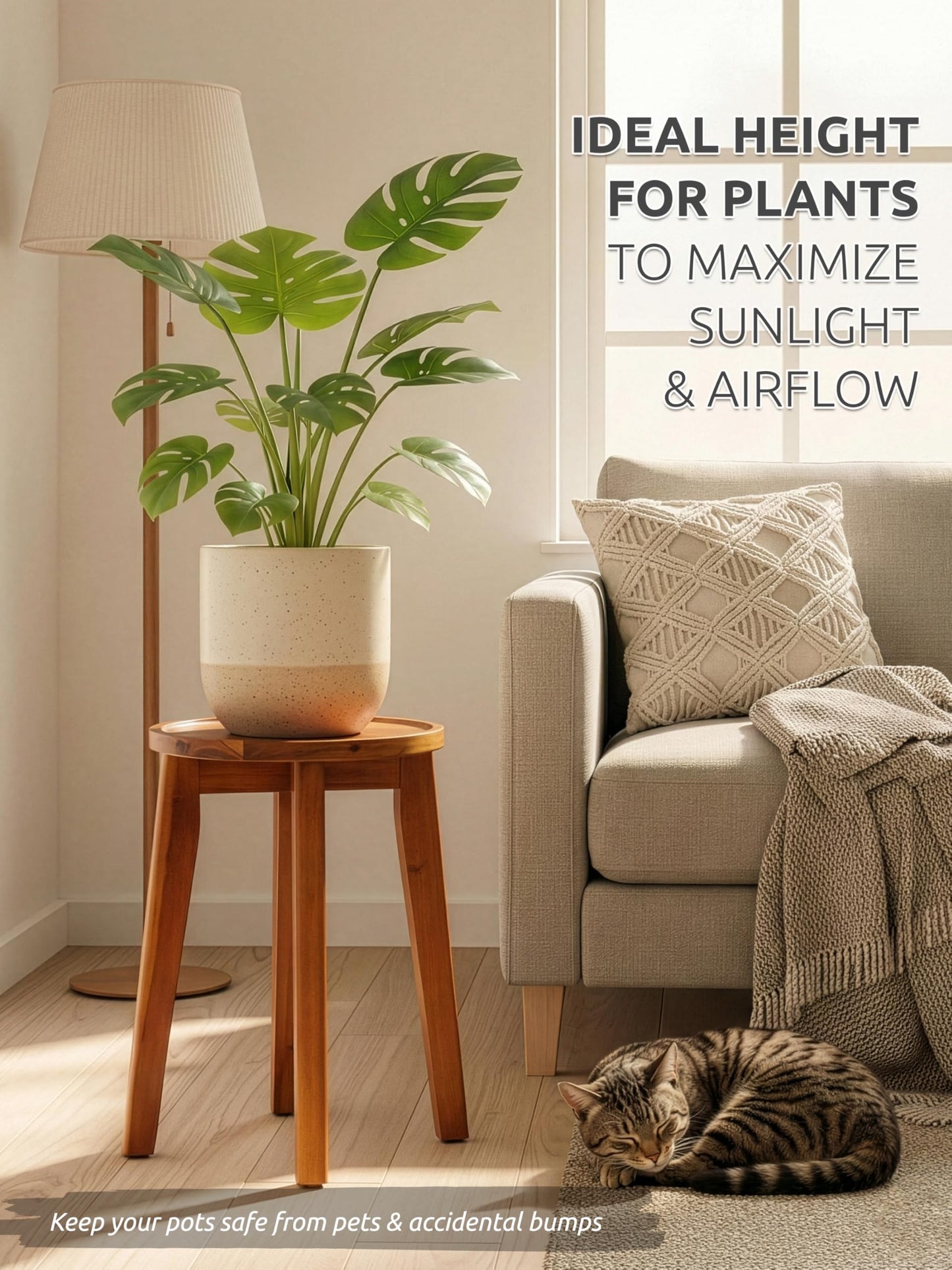 Demigo 15-Inch Tall Plant Stand for Indoor & Outdoor Use, Acacia Wooden Decorative Plant Shelf with Spill-Proof Tray, Flower Holder for Heavy Pots, Gardening Display - Natural Brown