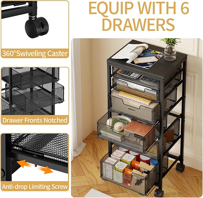 Sbanmao 6 Drawers Rolling Utility Cart, Rolling Storage Cart with Wooden Tabletop, Storage Drawer Cart on Lockable Wheels, Craft Cart for Bedroom, Classroom, Office, Black