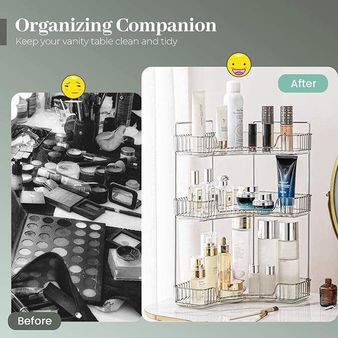 Aveniee Corner Bathroom Counter Organizer, Bathroom Countertop Shelf Makeup Organizer for Vanity Perfume Tray for Corner Storage (3 Tiers, Grey)