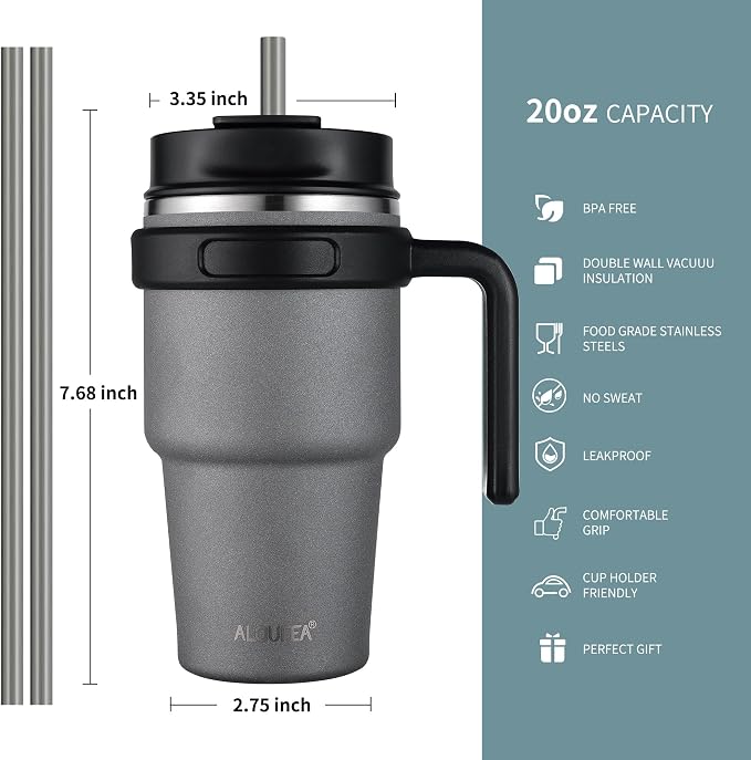 20 oz Insulated Coffee Mug Tumbler with Handle, Stainless Steel Travel Mug Tumbler with Lid and Straw, Double Wall Vacuum Leak Proof Ice Coffee Thermal Cup, Gray
