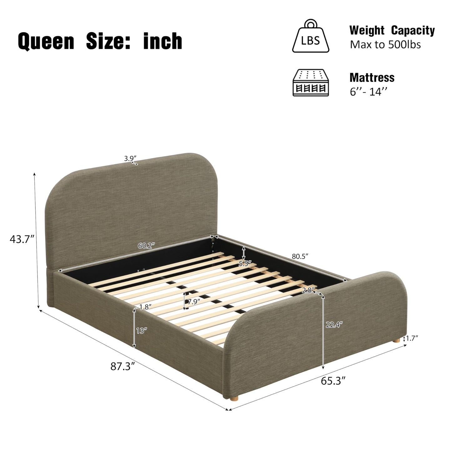 Christopher Knight Home Lanet Linen Upholstered Queen Size Bed Frame with Headboard, Modern Queen Bed Frame and Headboard, Wooden Slats Support, Easy Assembly, No Box Spring Needed, Olive Green