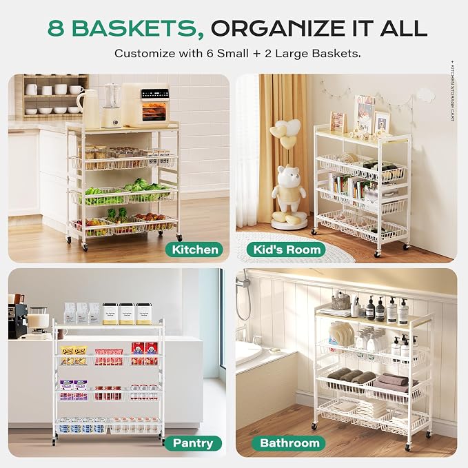 Cinati 4-Tier Utility Kitchen Cart with Wood Top, 29" W Kitchen Storage Cart with 8 Baskets & Handle, Metal Snack Cart with Wheels, Adjustable Pantry Organizer and Storage Cart for Fruit, Vegetables