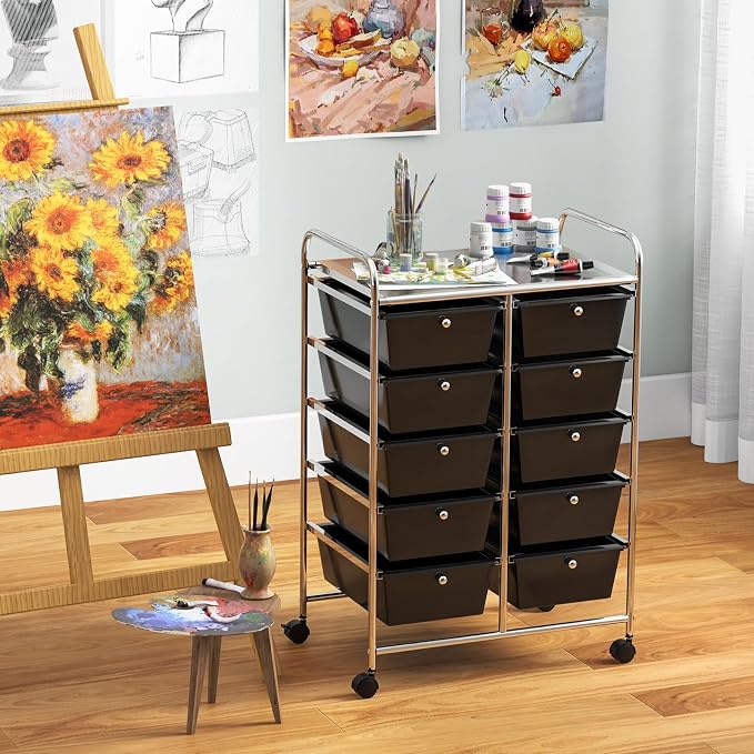 Giantex 10 Drawers Rolling Cart, Classroom Organizers, Storage Cart with Wheels, for Teacher Office Home School Supplies Tool Craft Art Paper, Black