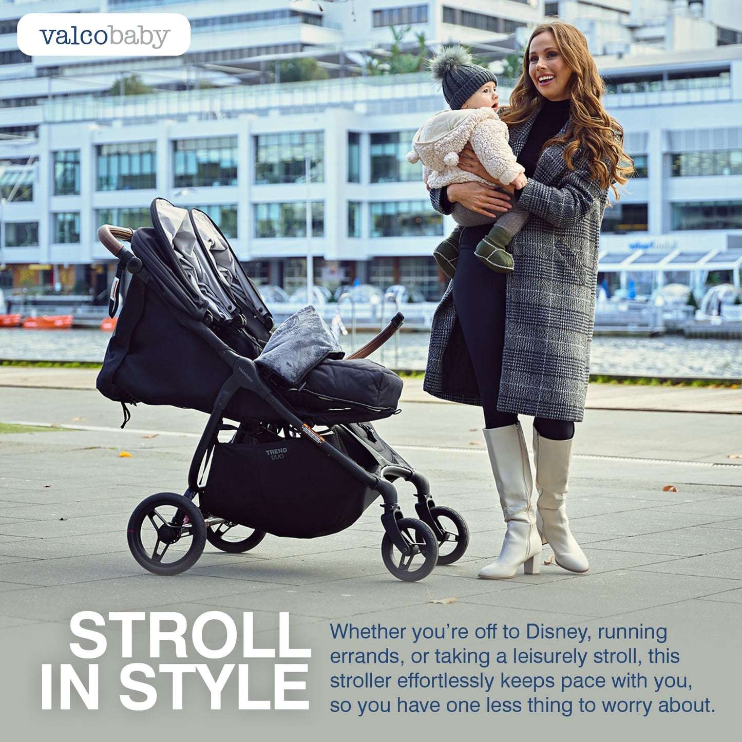 Valco Baby - Trend Duo Double - Side by Side Double Stroller for Newborn and Toddler - Easy Compact Fold, Multi-Position Recline, Large Canopy Infant Twin Stroller 2025 (Night Black)