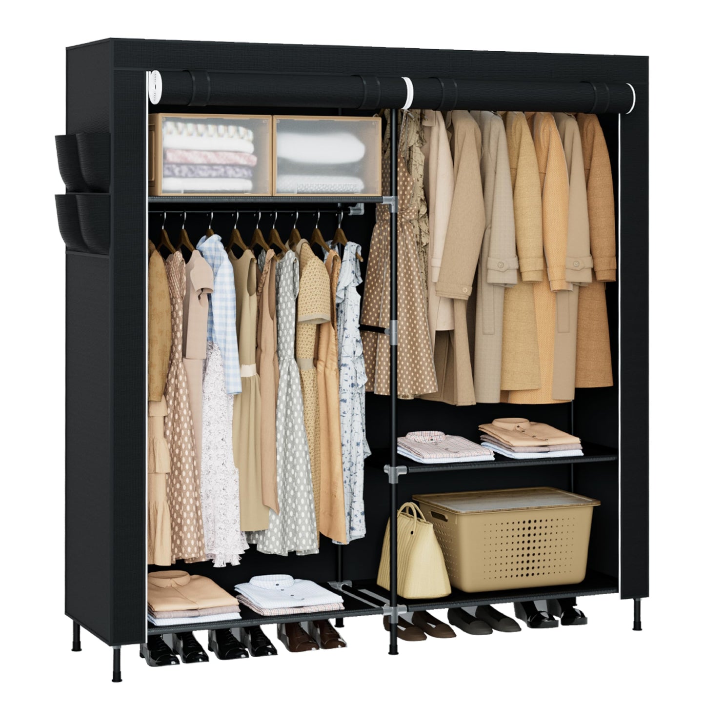 CASAMAYA Portable Closet, 61.8 Inch Large Capacity Wardrobe Closet with Cover, Clothes Storage Organizer with Shelves and 2 Hanging Rods, Easy to Assembly, Black PCT222B01