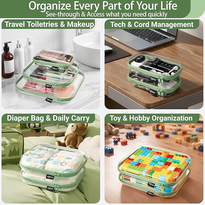 YQBRAO 4-Pack Clear Hard Shell Zipper Case, 1.2mm Ultra-Thick Diaper Bag Organizer Pouches, Rigid Self-Standing Travel Makeup Bags with YKK Zippers, TSA Approved, Green
