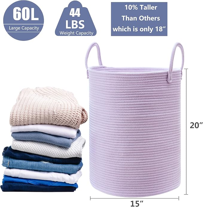 60L Large Purple Laundry Hamper Basket for Nursery Kids Tall Lavender Blanket Basket for Girls Cotton Rope Lilac Clothes Hamper in Bedroom 15Dx20H inches