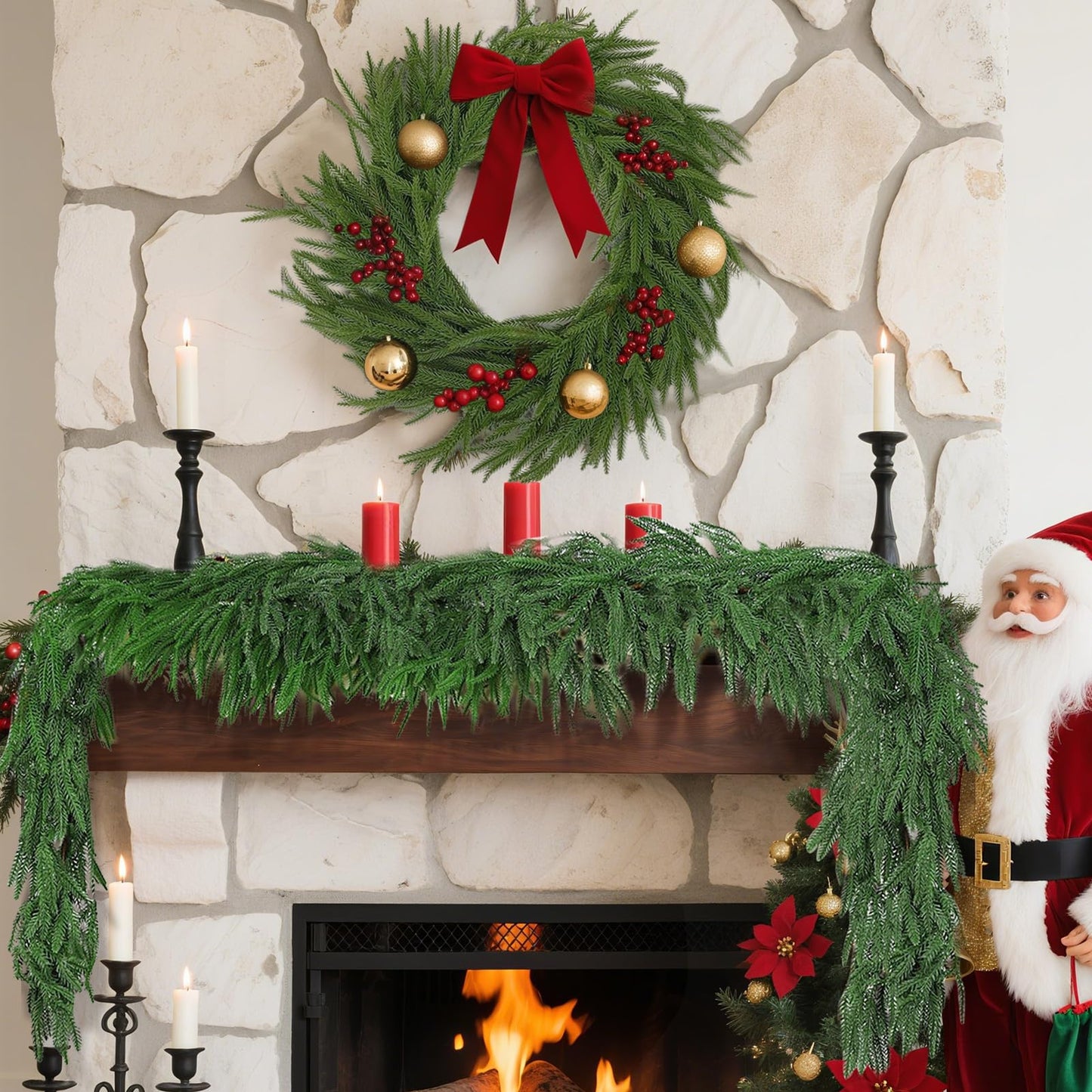12FT(2*6FT) Christmas Norfolk Pine Garland, Soft Real Touch Faux Green Garlands, Holiday Decor Winter Artificial Greenery Garland for Mantle, Stairs, Table, Fireplace, Indoor Outdoor Xmas Decorations